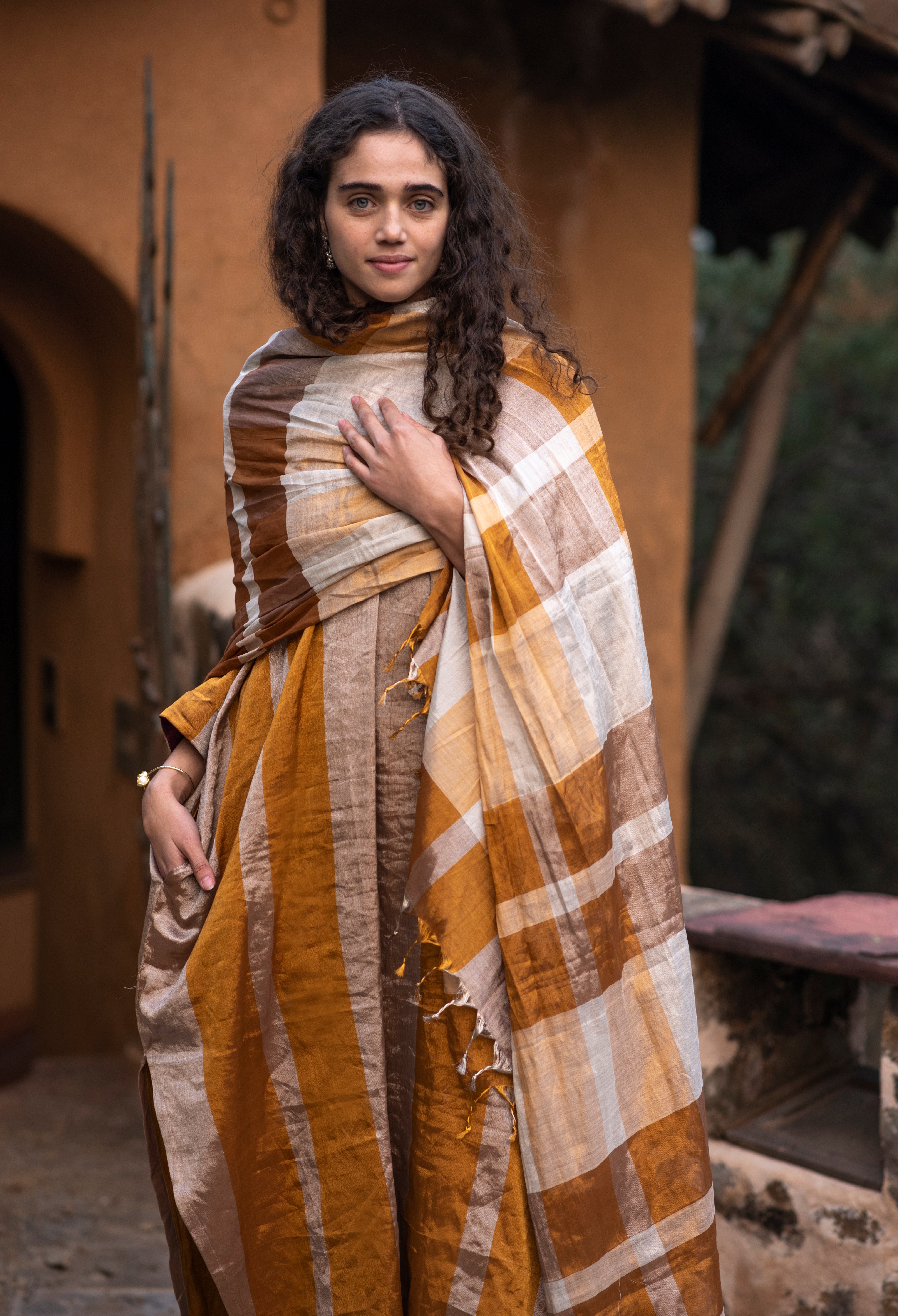 Pure Silk Zari with Gold and Silver Checks