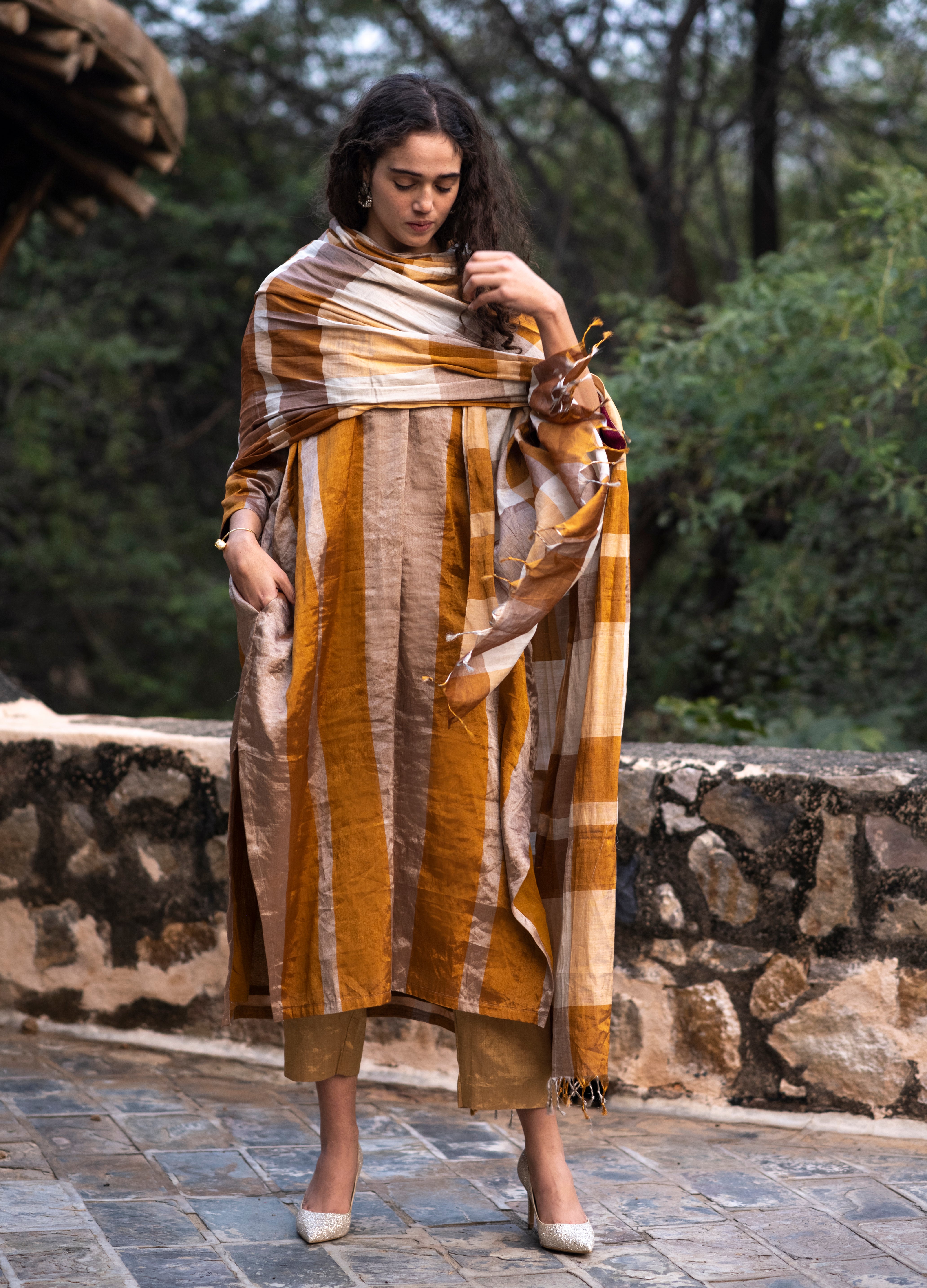 Pure Silk Zari with Gold and Silver Checks
