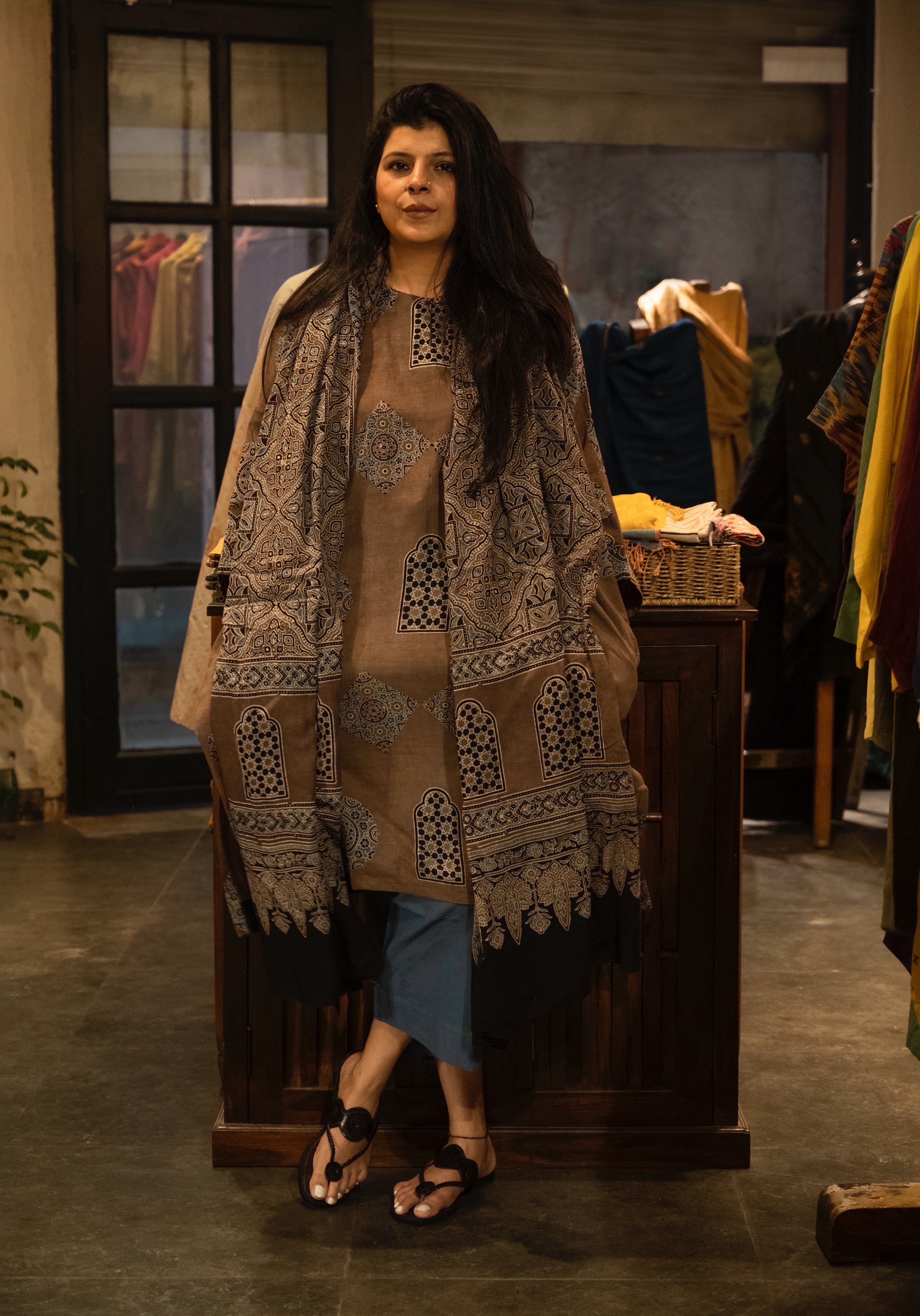 Mulmul Ajrakh - Light Brown