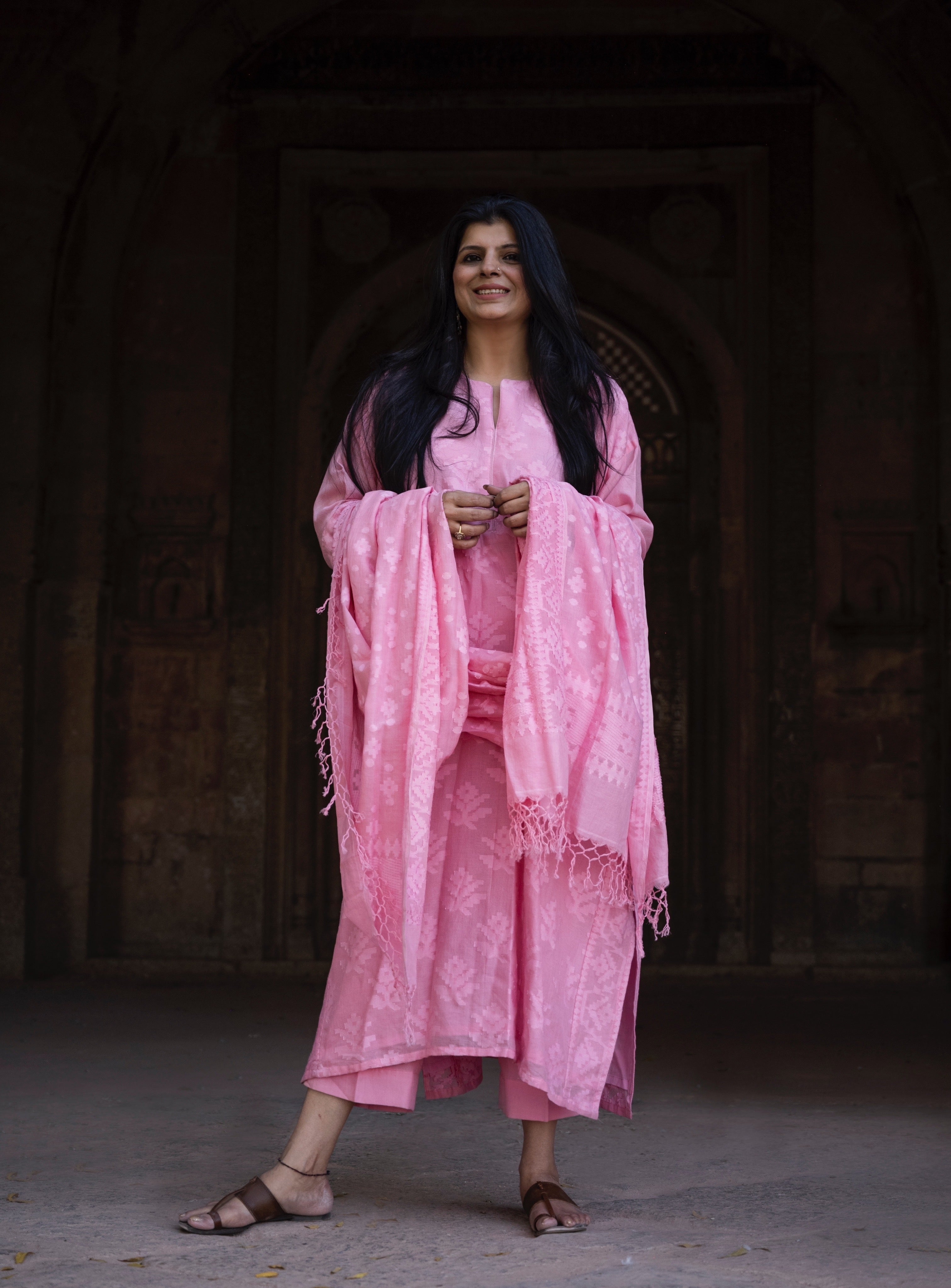 Pink Dhakai Jamdani Kurta Set with Dupatta, Cotton