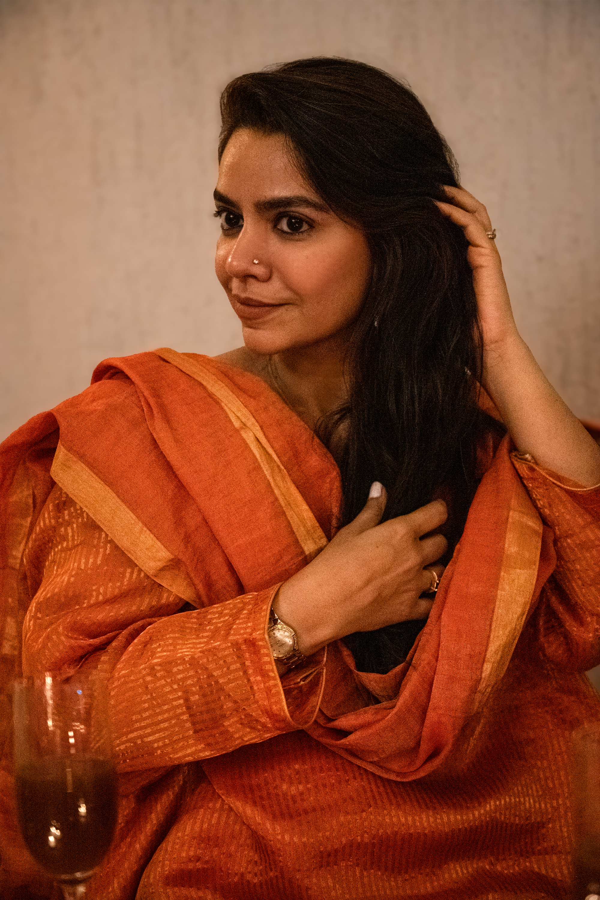 Orange Silk Tissue Zari Fabric