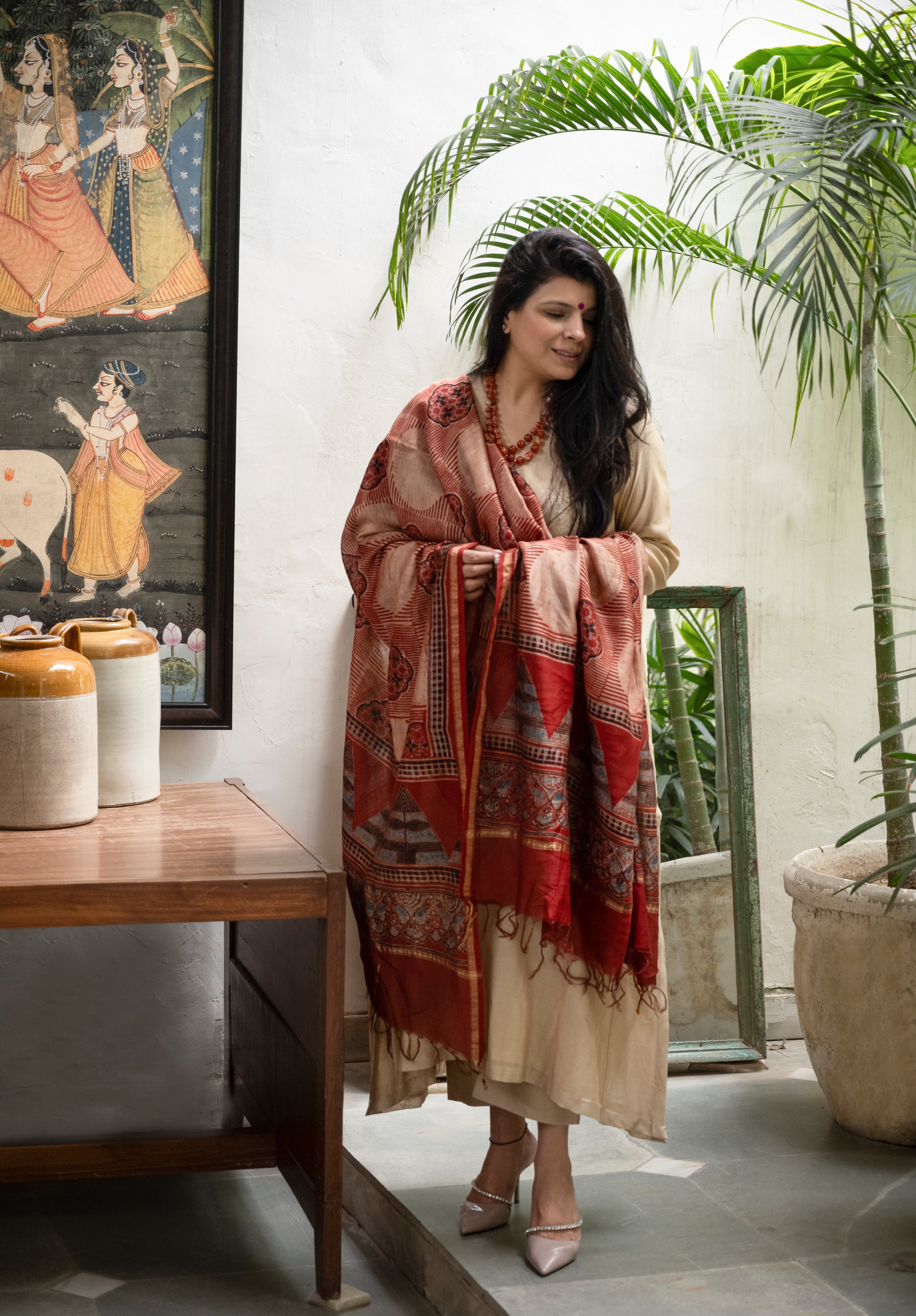 Pure handloom silk kurta set with Ajrakh Dupatta