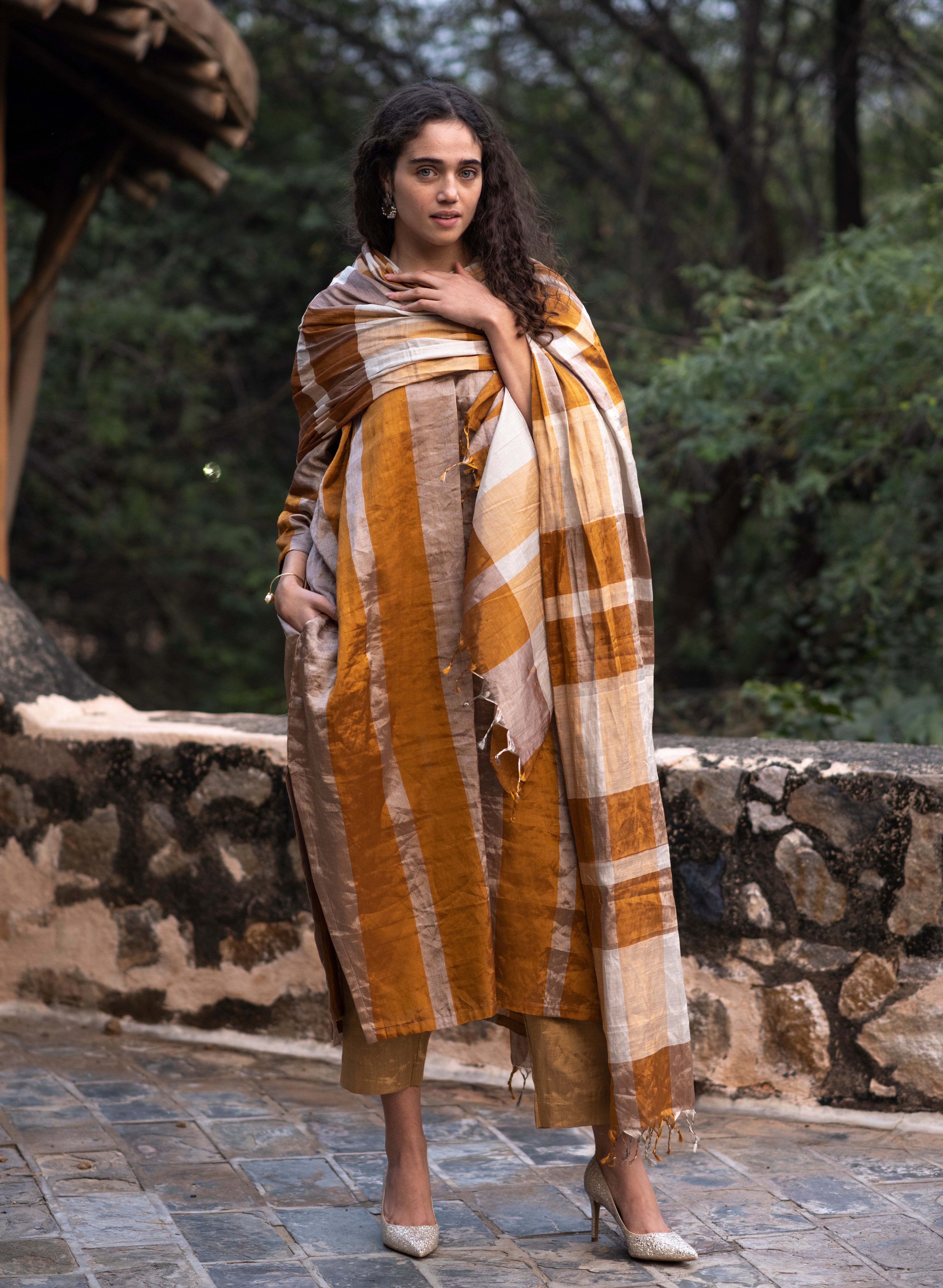Pure Silk Zari with Gold and Silver Checks