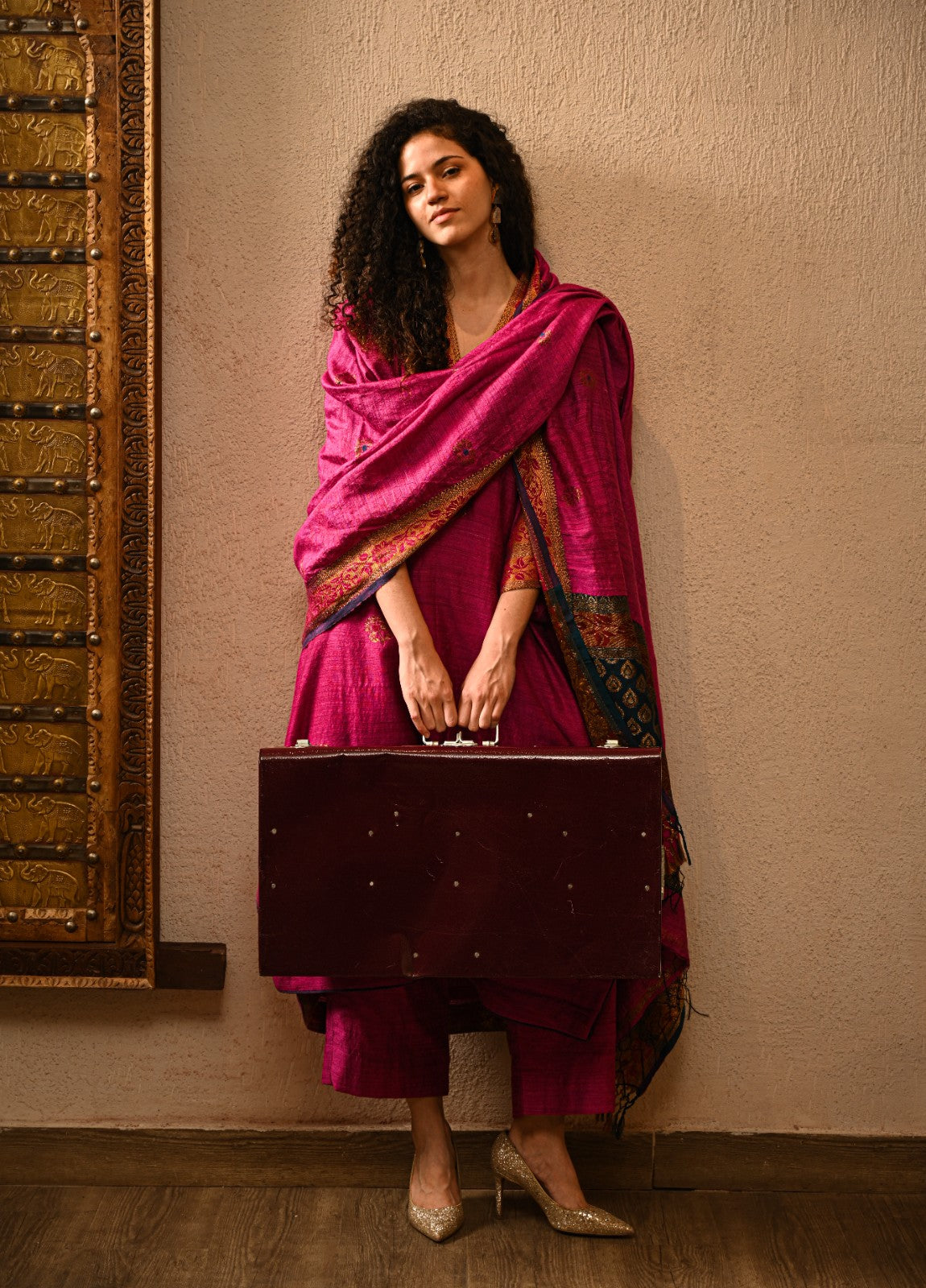 Hot Pink Pure Handloom Raw Silk Jamdani Ensemble