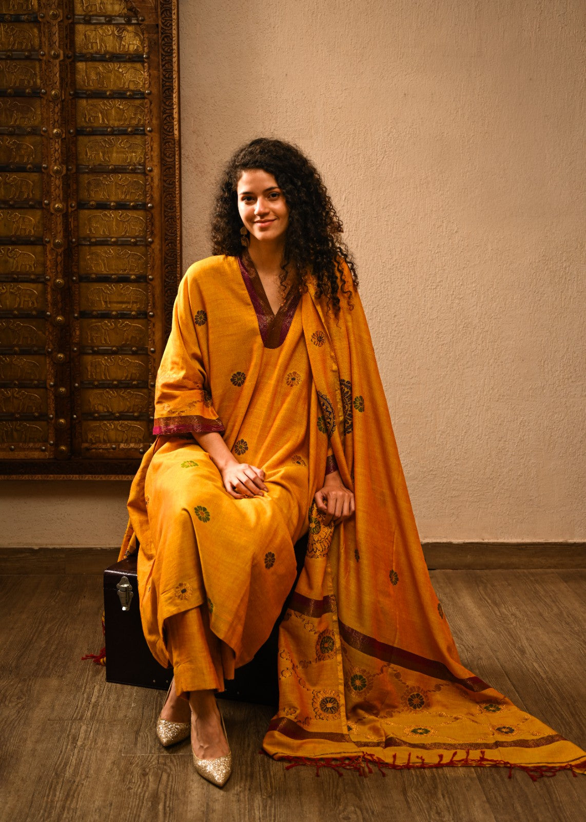 Pure Handloom Yellow Silk Jamdani Ensemble