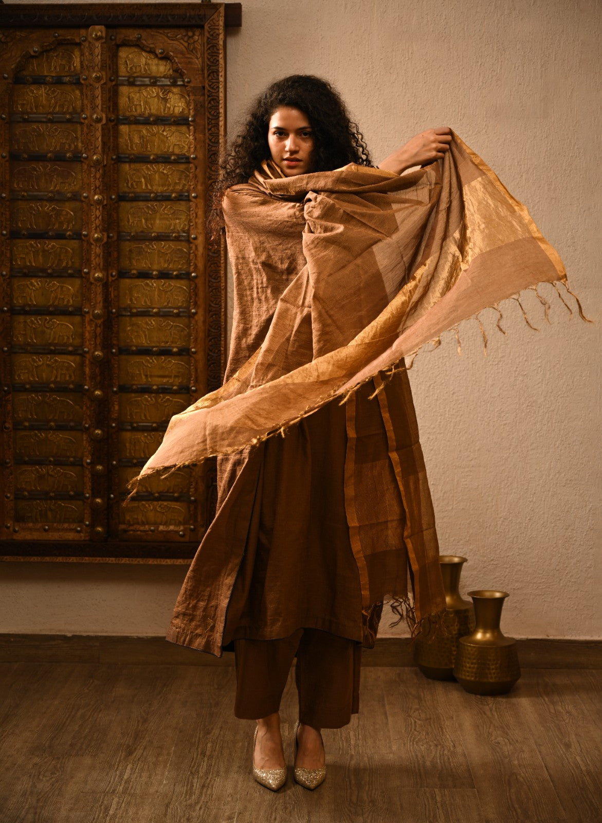 Brown Mehfil Tissue Zari Silk Ensemble