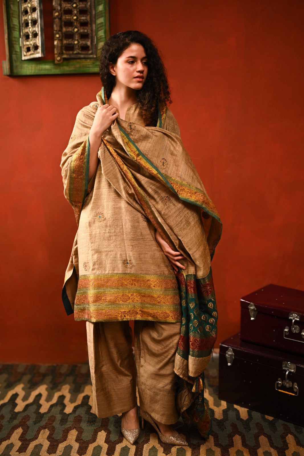 Beige and green Pure Handloom Raw Silk Jamdani Ensemble