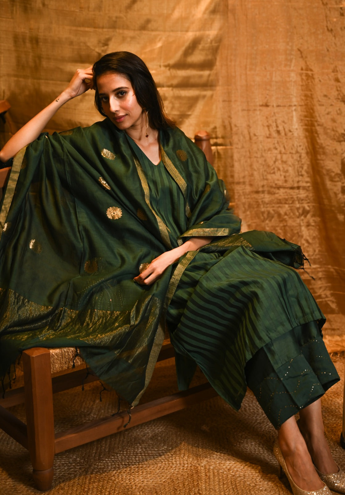 Emerald Green Handloom Silk Chanderi Ensemble