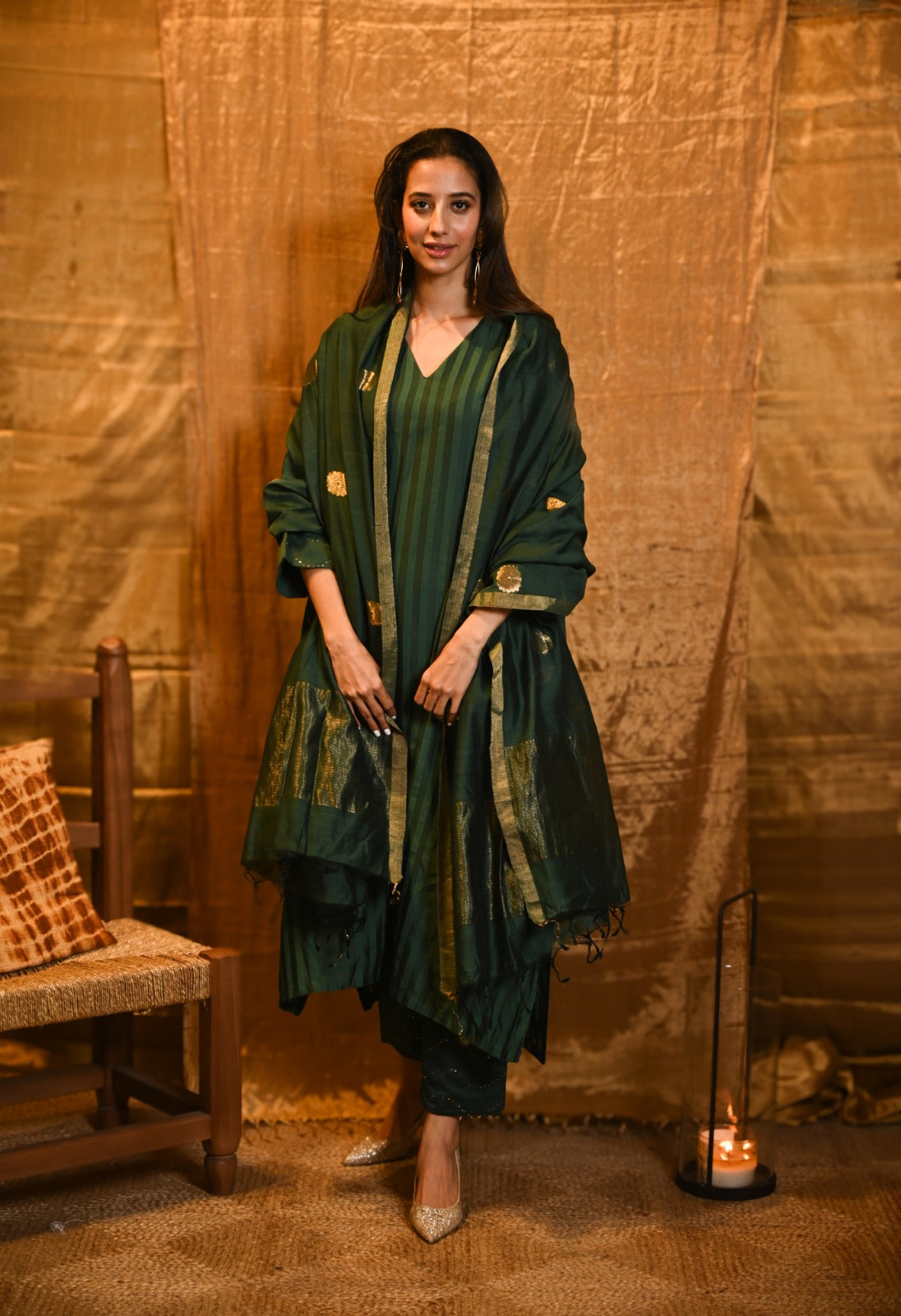 Emerald Green Handloom Silk Chanderi Ensemble